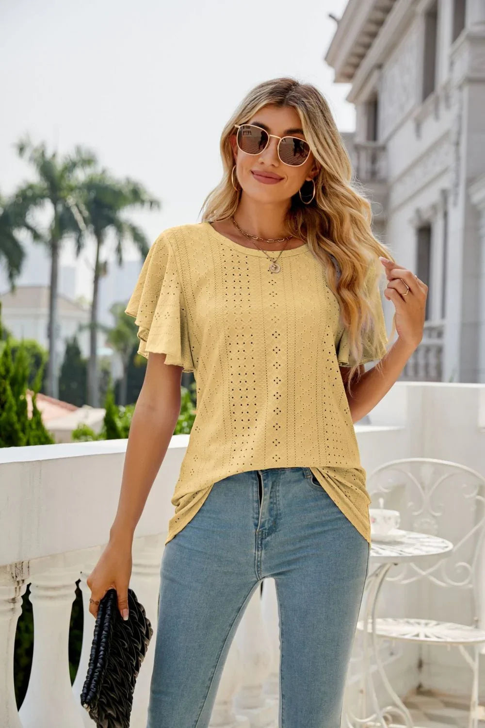 Eyelet Flutter Sleeve Round Neck Top - VILLA FASHION