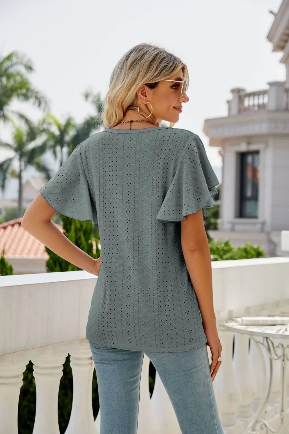 Eyelet Flutter Sleeve Round Neck Top - VILLA FASHION