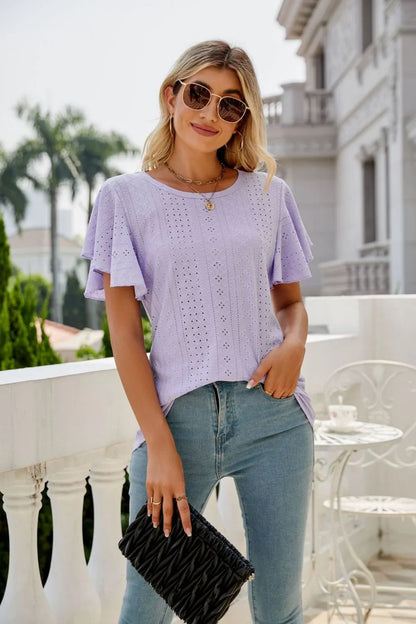 Eyelet Flutter Sleeve Round Neck Top - VILLA FASHION