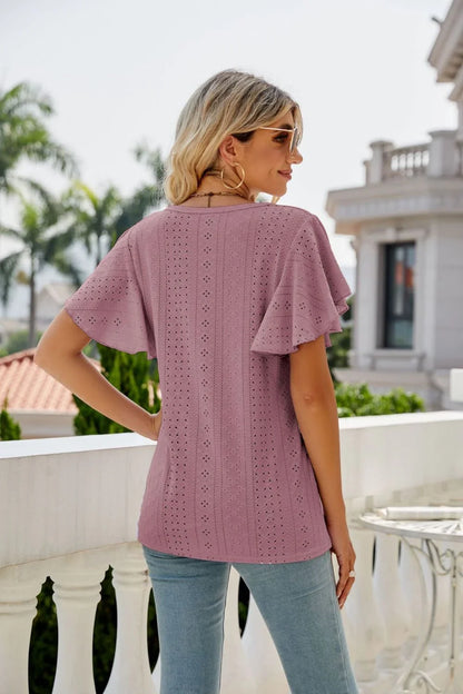 Eyelet Flutter Sleeve Round Neck Top - VILLA FASHION