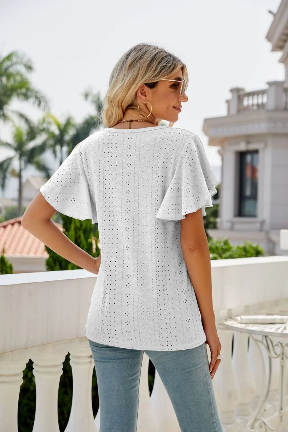 Eyelet Flutter Sleeve Round Neck Top - VILLA FASHION