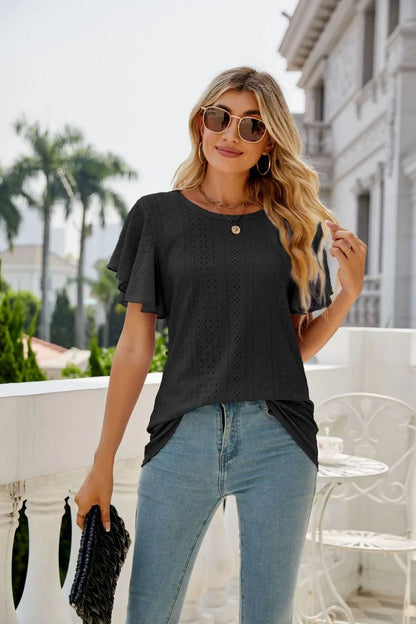 Eyelet Flutter Sleeve Round Neck Top - VILLA FASHION