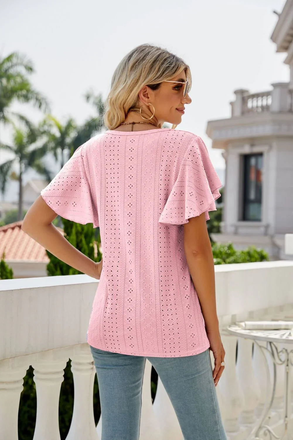 Eyelet Flutter Sleeve Round Neck Top - VILLA FASHION