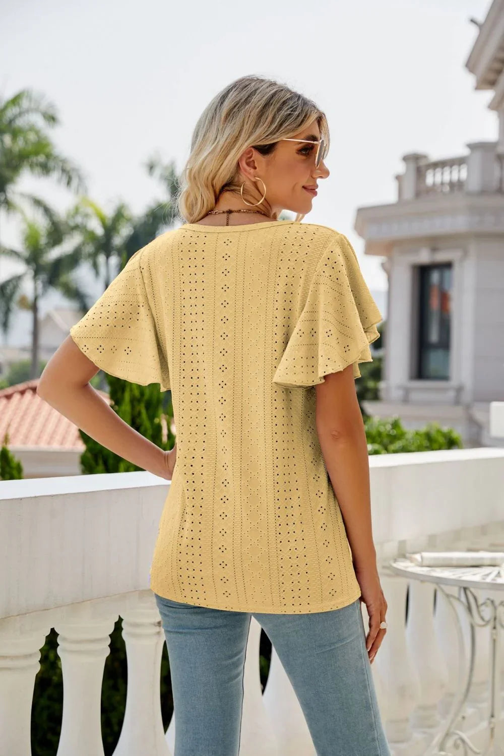 Eyelet Flutter Sleeve Round Neck Top - VILLA FASHION