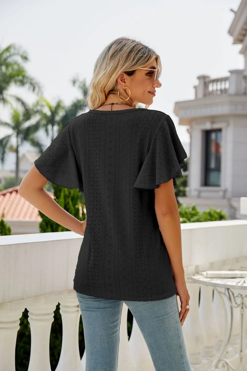 Eyelet Flutter Sleeve Round Neck Top - VILLA FASHION