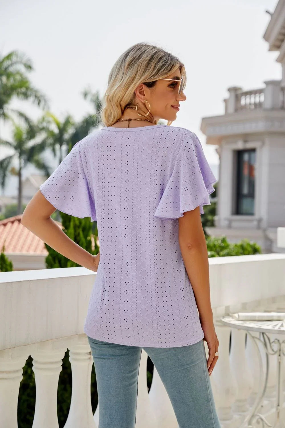 Eyelet Flutter Sleeve Round Neck Top - VILLA FASHION