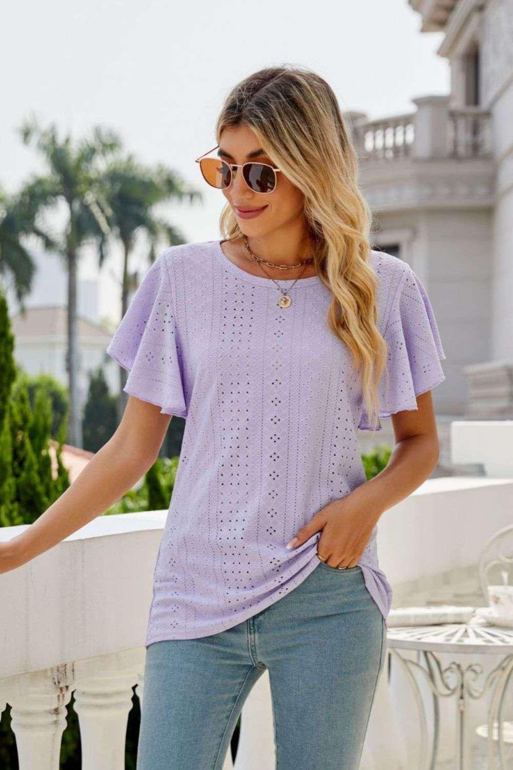 Eyelet Flutter Sleeve Round Neck Top - VILLA FASHION
