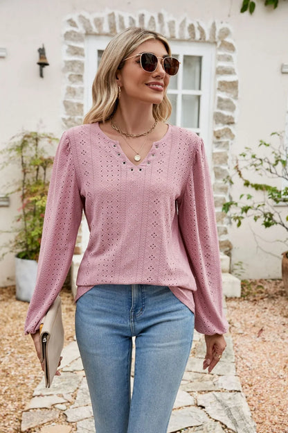 Eyelet Notched Neck Balloon Sleeve Blouse - VILLA FASHION