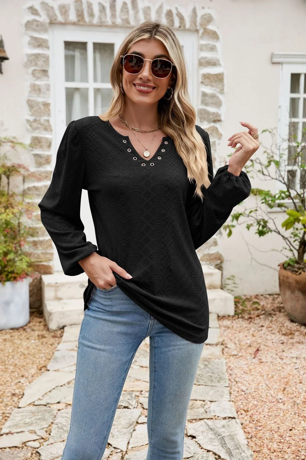 Eyelet Notched Neck Balloon Sleeve Blouse - VILLA FASHION