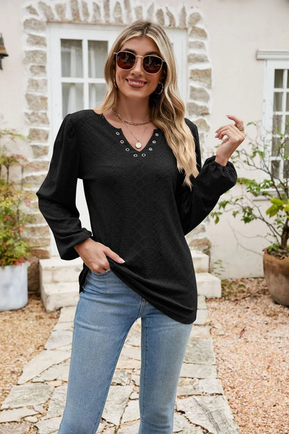 Eyelet Notched Neck Balloon Sleeve Blouse - VILLA FASHION