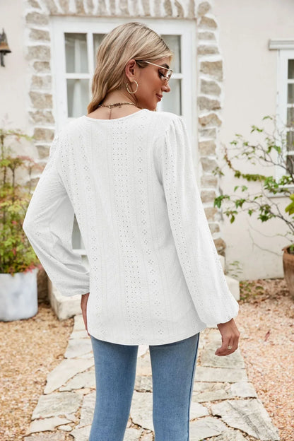 Eyelet Notched Neck Balloon Sleeve Blouse - VILLA FASHION