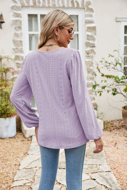 Eyelet Notched Neck Balloon Sleeve Blouse - VILLA FASHION