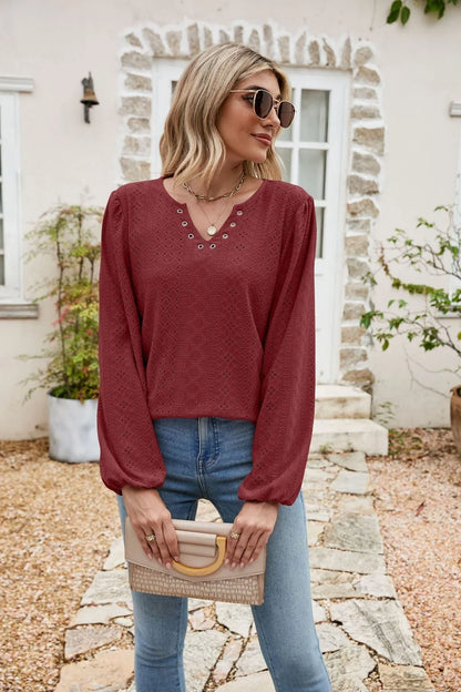 Eyelet Notched Neck Balloon Sleeve Blouse - VILLA FASHION
