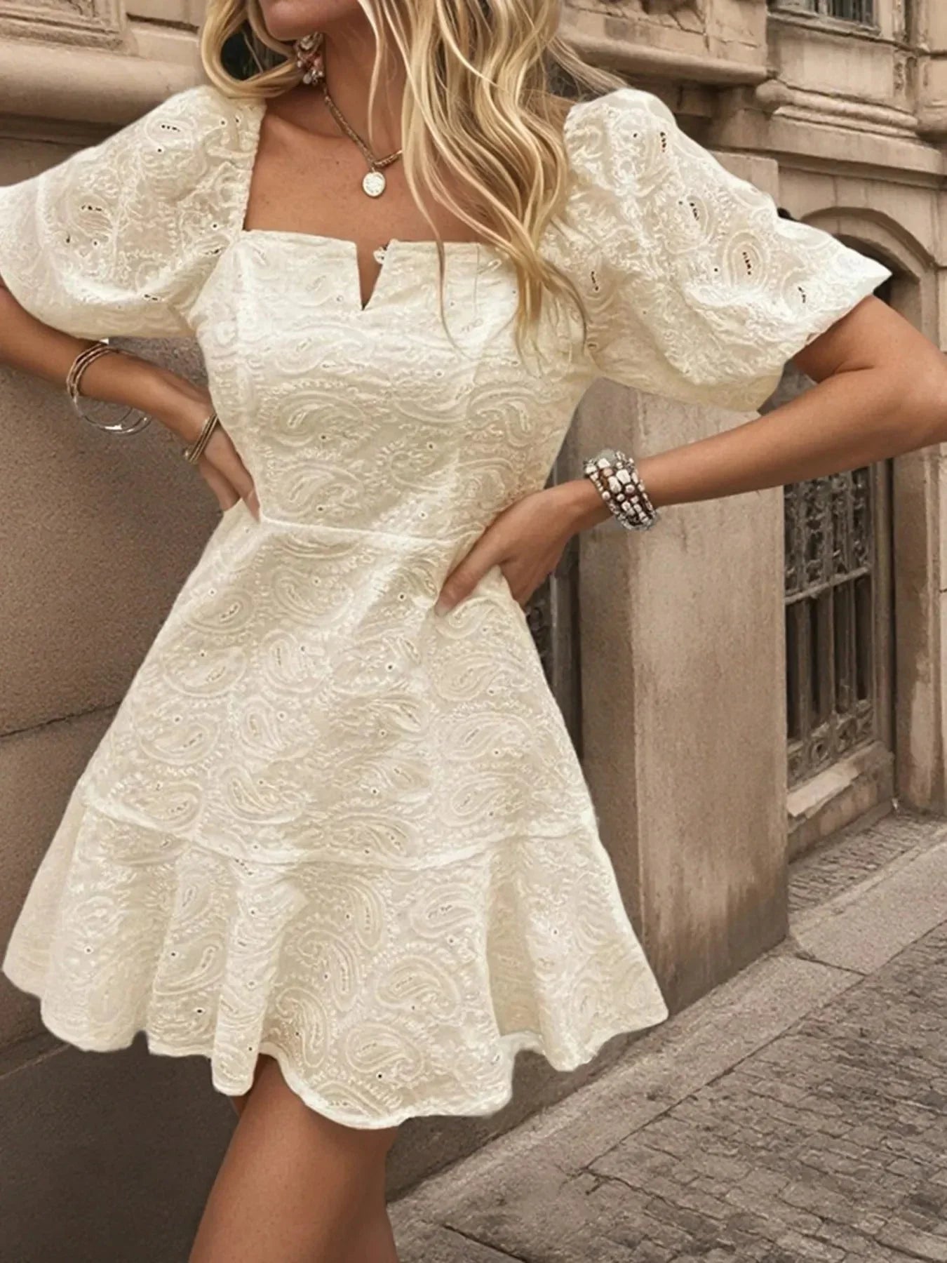 Eyelet Puff Sleeve Mini Dress - VILLA FASHION