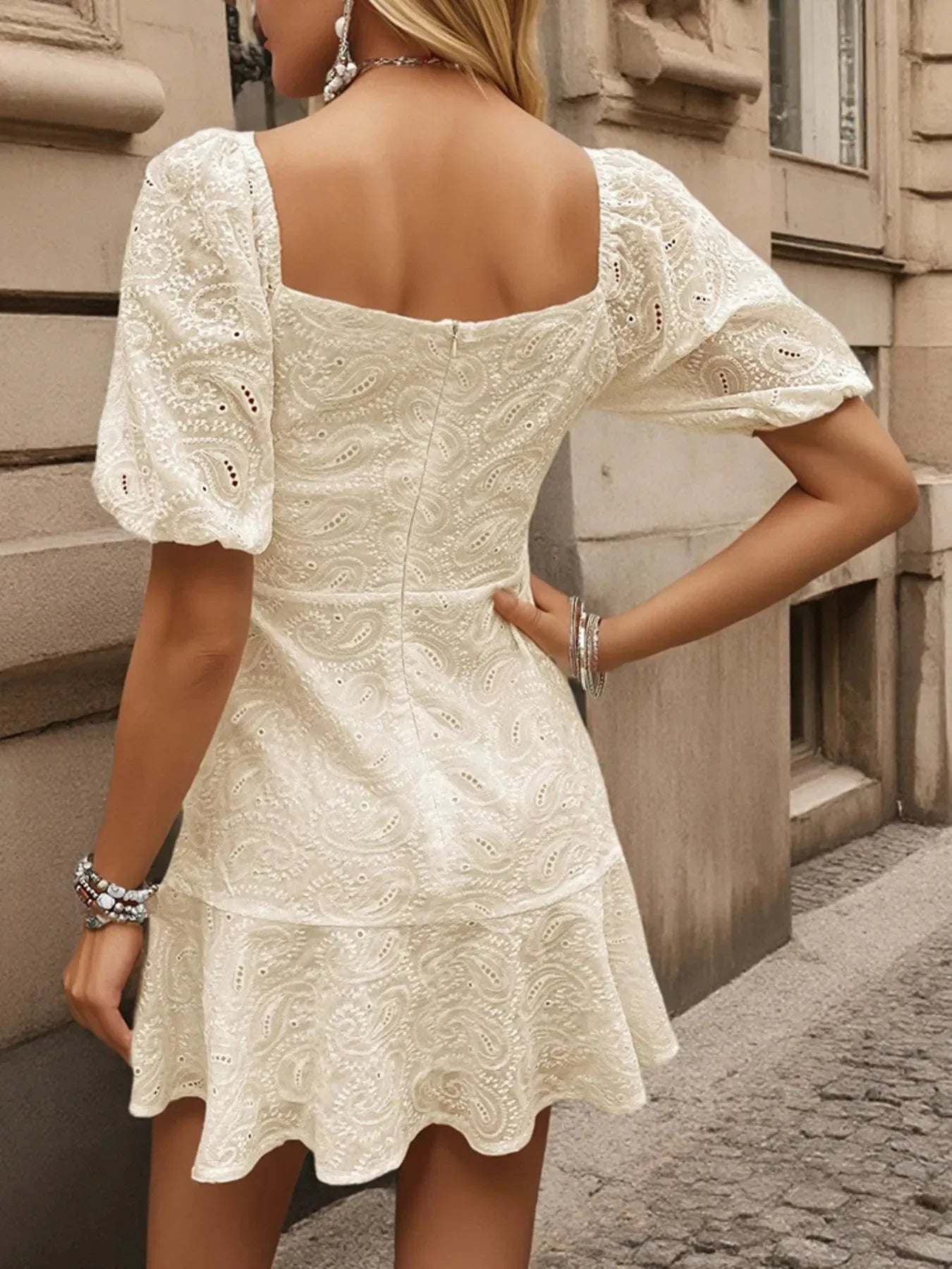 Eyelet Puff Sleeve Mini Dress - VILLA FASHION