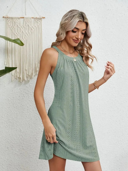 Eyelet Round Neck Sleeveless Dress - VILLA FASHION
