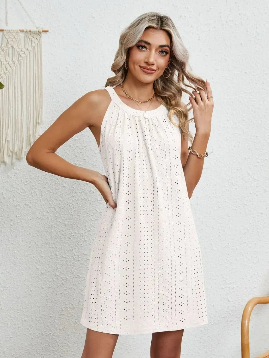 Eyelet Round Neck Sleeveless Dress - VILLA FASHION