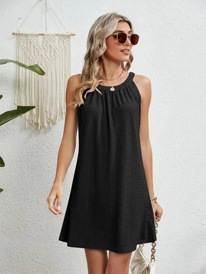 Eyelet Round Neck Sleeveless Dress - VILLA FASHION