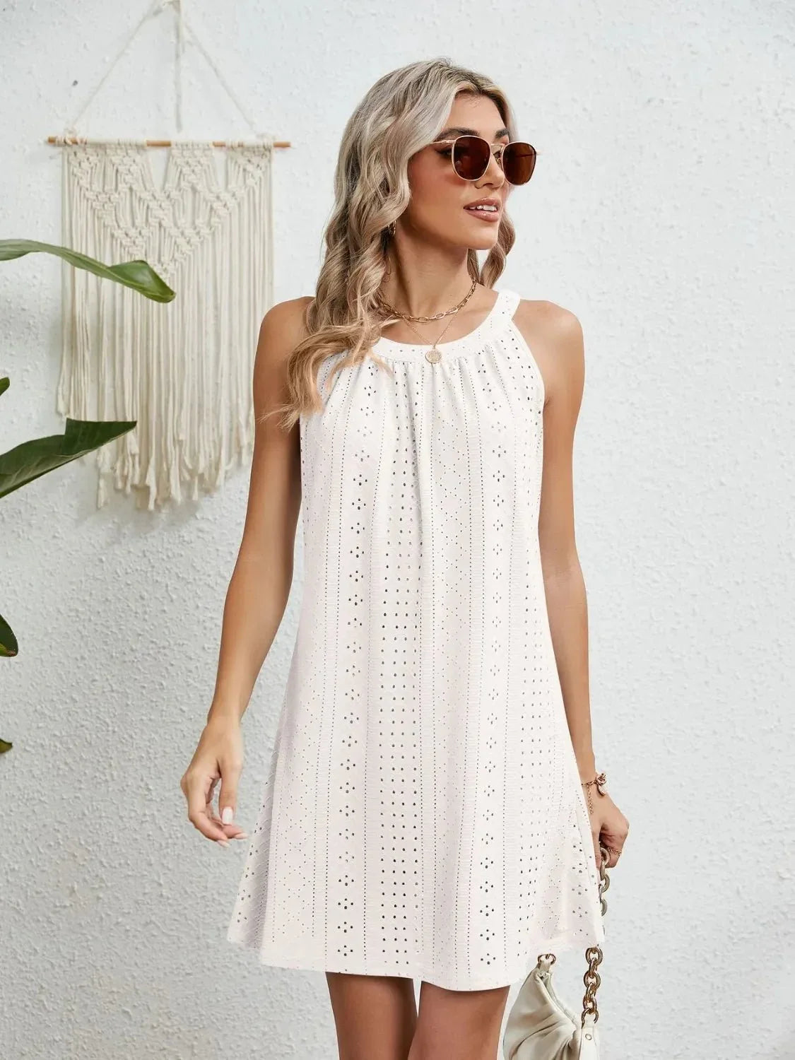 Eyelet Round Neck Sleeveless Dress - VILLA FASHION