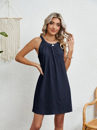 Eyelet Round Neck Sleeveless Dress - VILLA FASHION