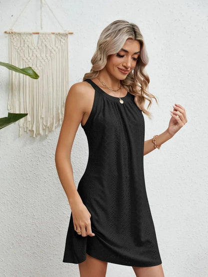 Eyelet Round Neck Sleeveless Dress - VILLA FASHION