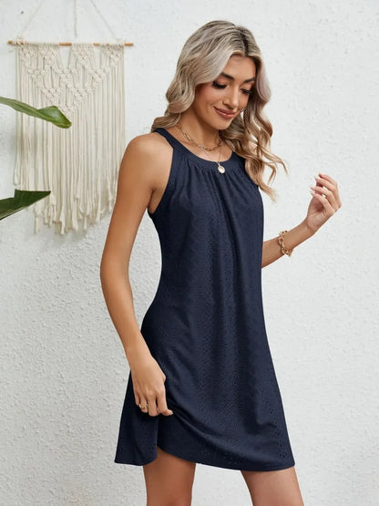 Eyelet Round Neck Sleeveless Dress - VILLA FASHION