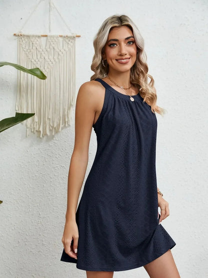 Eyelet Round Neck Sleeveless Dress - VILLA FASHION
