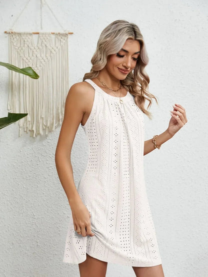 Eyelet Round Neck Sleeveless Dress - VILLA FASHION