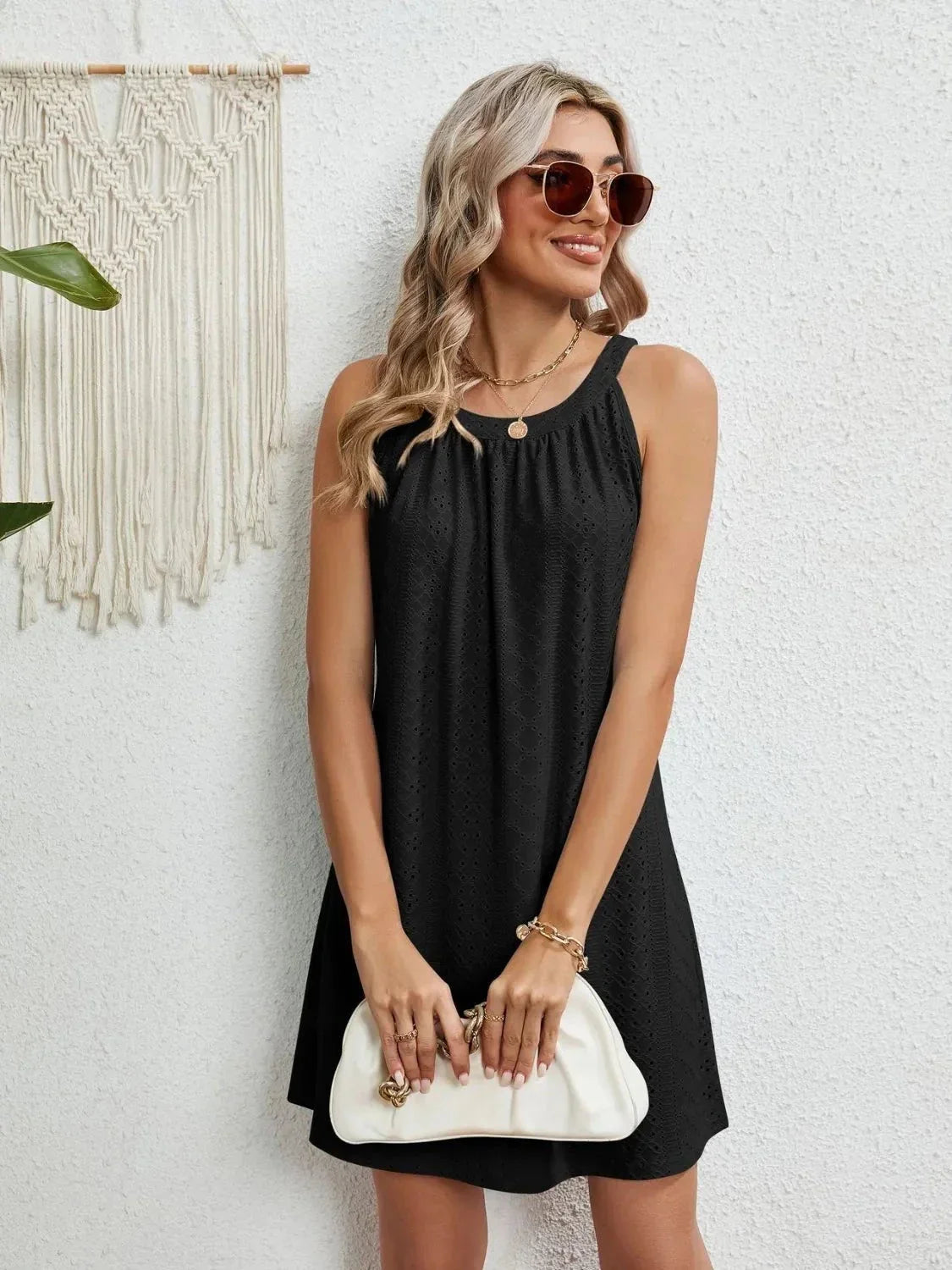 Eyelet Round Neck Sleeveless Dress - VILLA FASHION