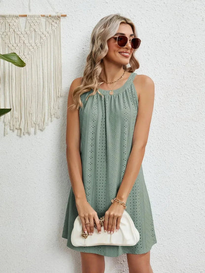 Eyelet Round Neck Sleeveless Dress - VILLA FASHION