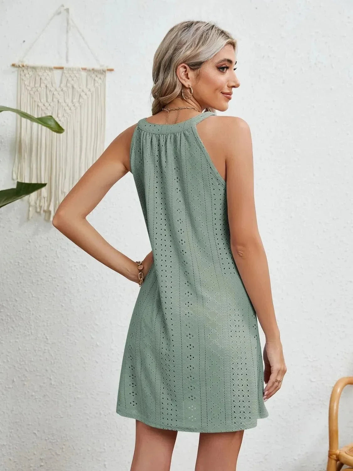 Eyelet Round Neck Sleeveless Dress - VILLA FASHION