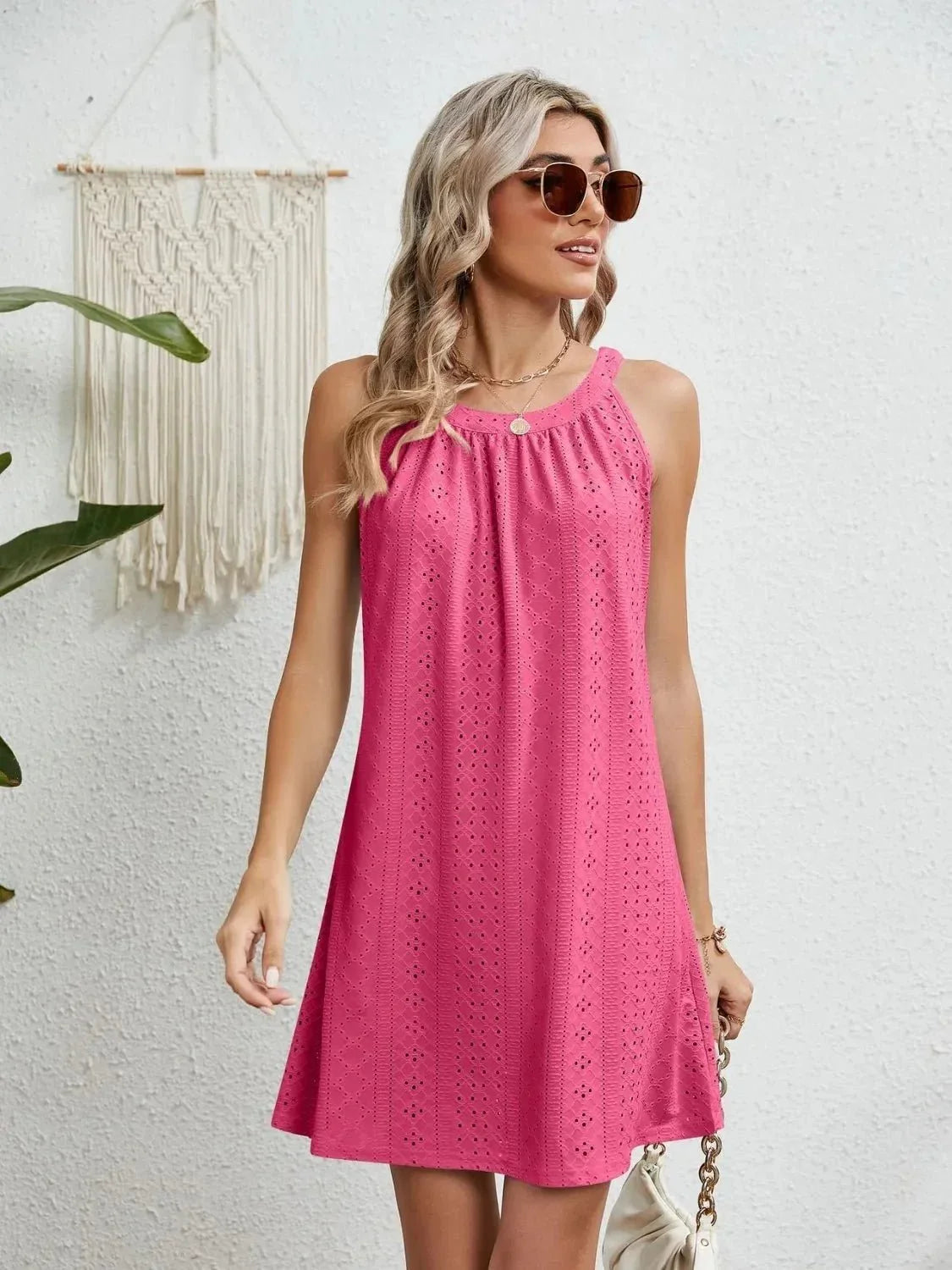 Eyelet Round Neck Sleeveless Dress - VILLA FASHION