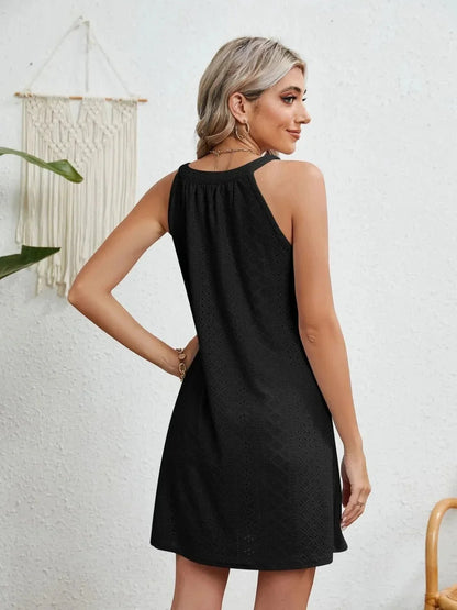 Eyelet Round Neck Sleeveless Dress - VILLA FASHION