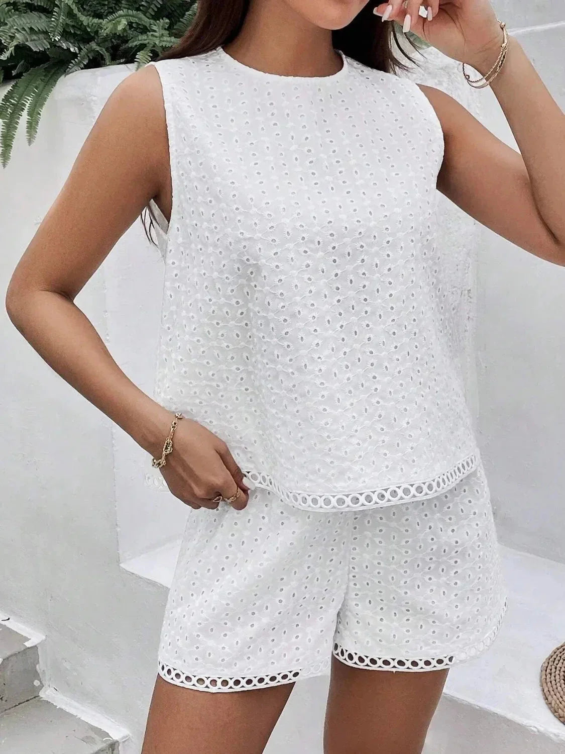 Eyelet Round Neck Top and Shorts Set - VILLA FASHION