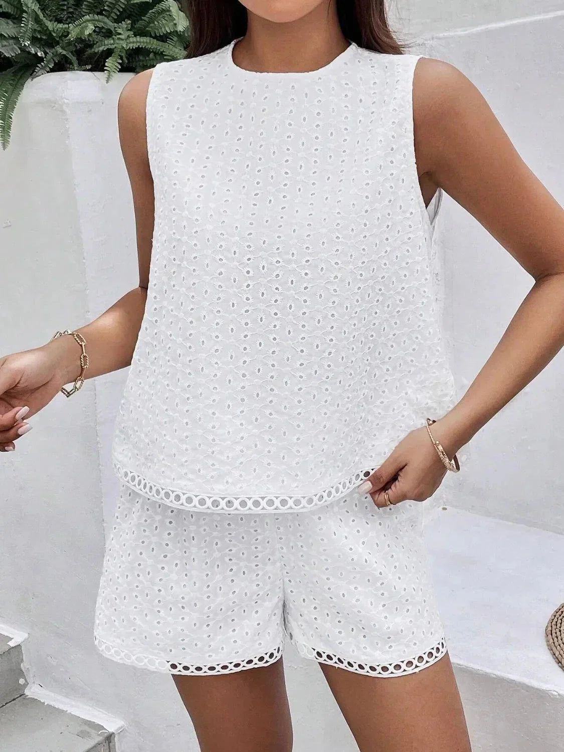 Eyelet Round Neck Top and Shorts Set - VILLA FASHION