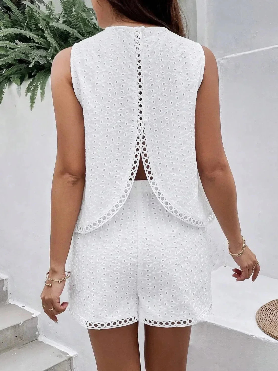 Eyelet Round Neck Top and Shorts Set - VILLA FASHION