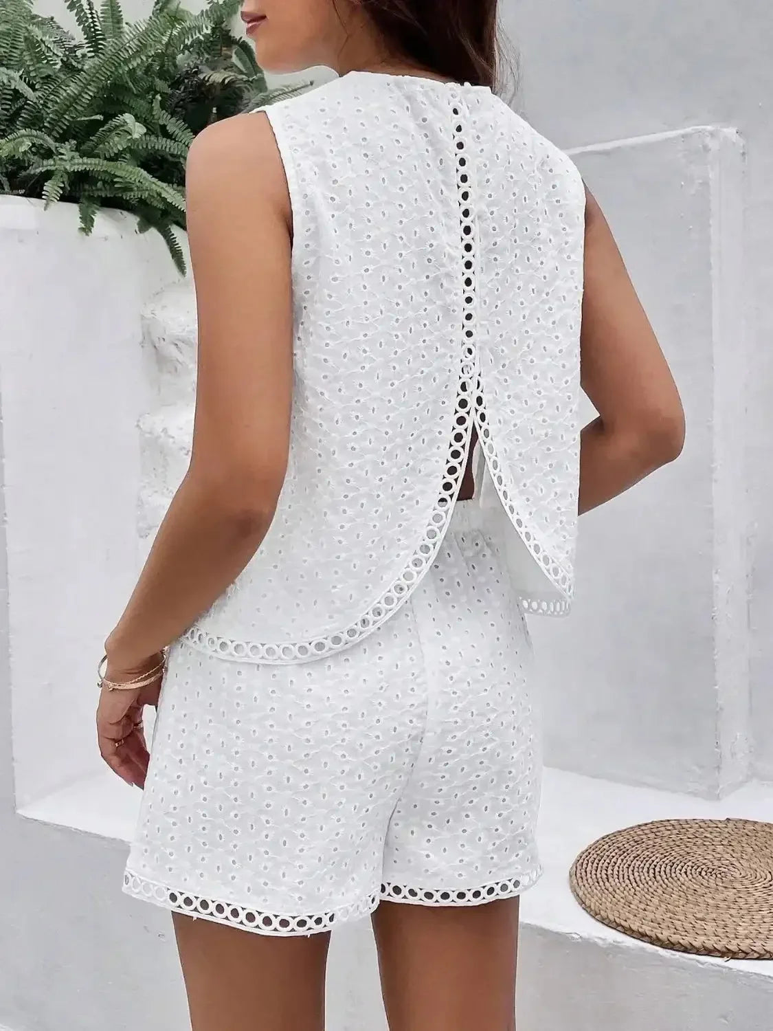 Eyelet Round Neck Top and Shorts Set - VILLA FASHION