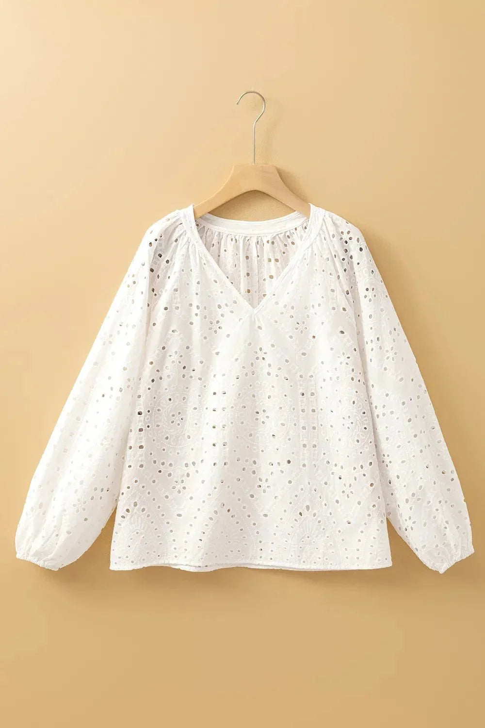 Eyelet V - Neck Long Sleeve Blouse - VILLA FASHION