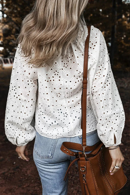 Eyelet V - Neck Long Sleeve Blouse - VILLA FASHION