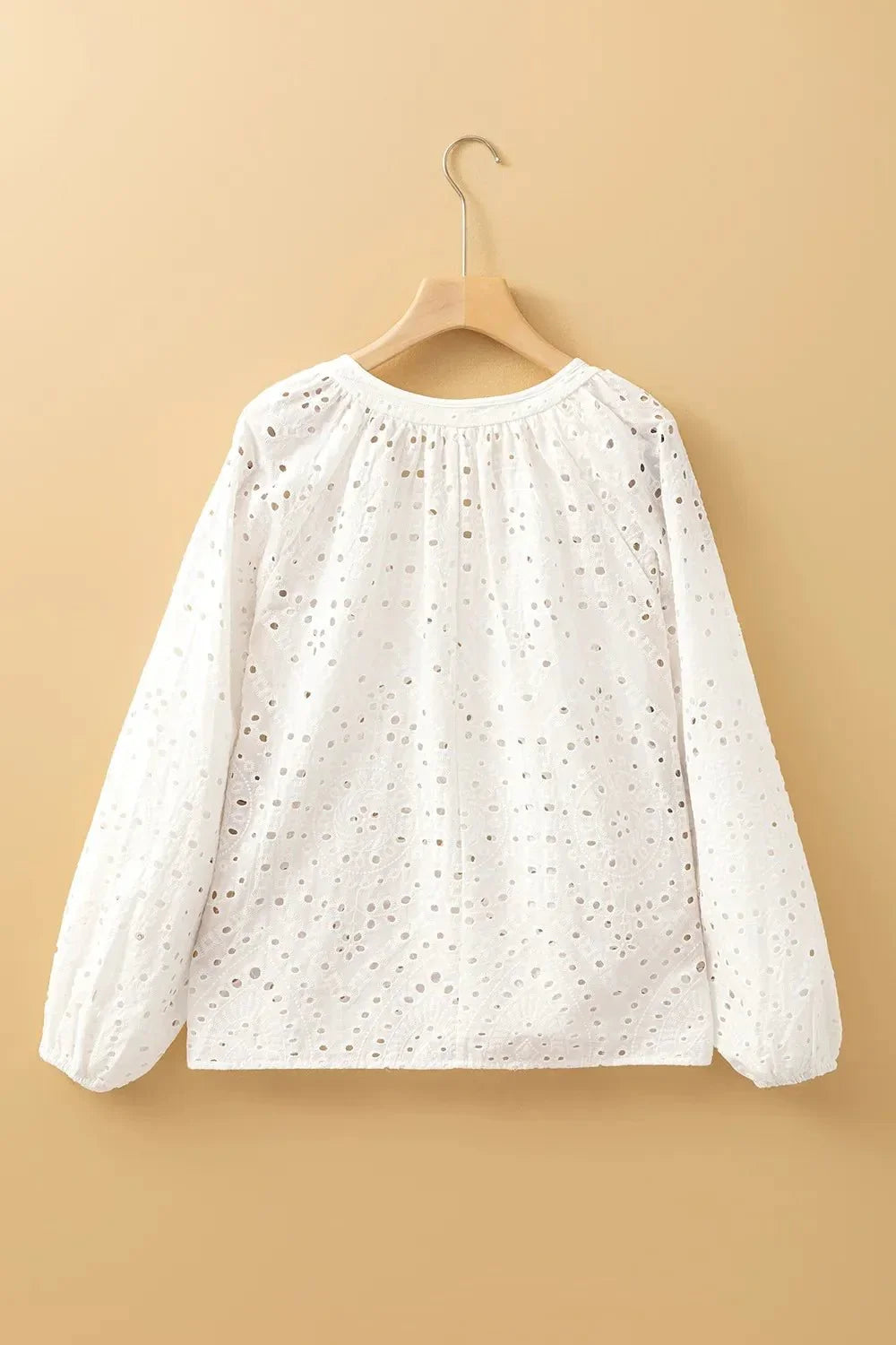 Eyelet V - Neck Long Sleeve Blouse - VILLA FASHION
