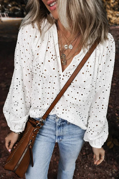Eyelet V - Neck Long Sleeve Blouse - VILLA FASHION