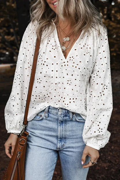 Eyelet V - Neck Long Sleeve Blouse - VILLA FASHION