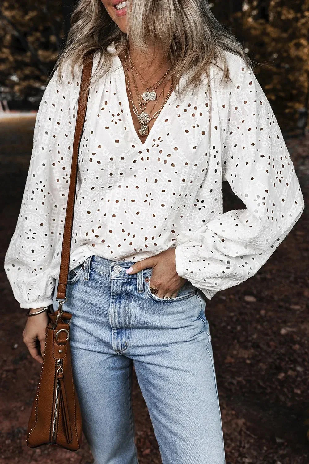 Eyelet V - Neck Long Sleeve Blouse - VILLA FASHION