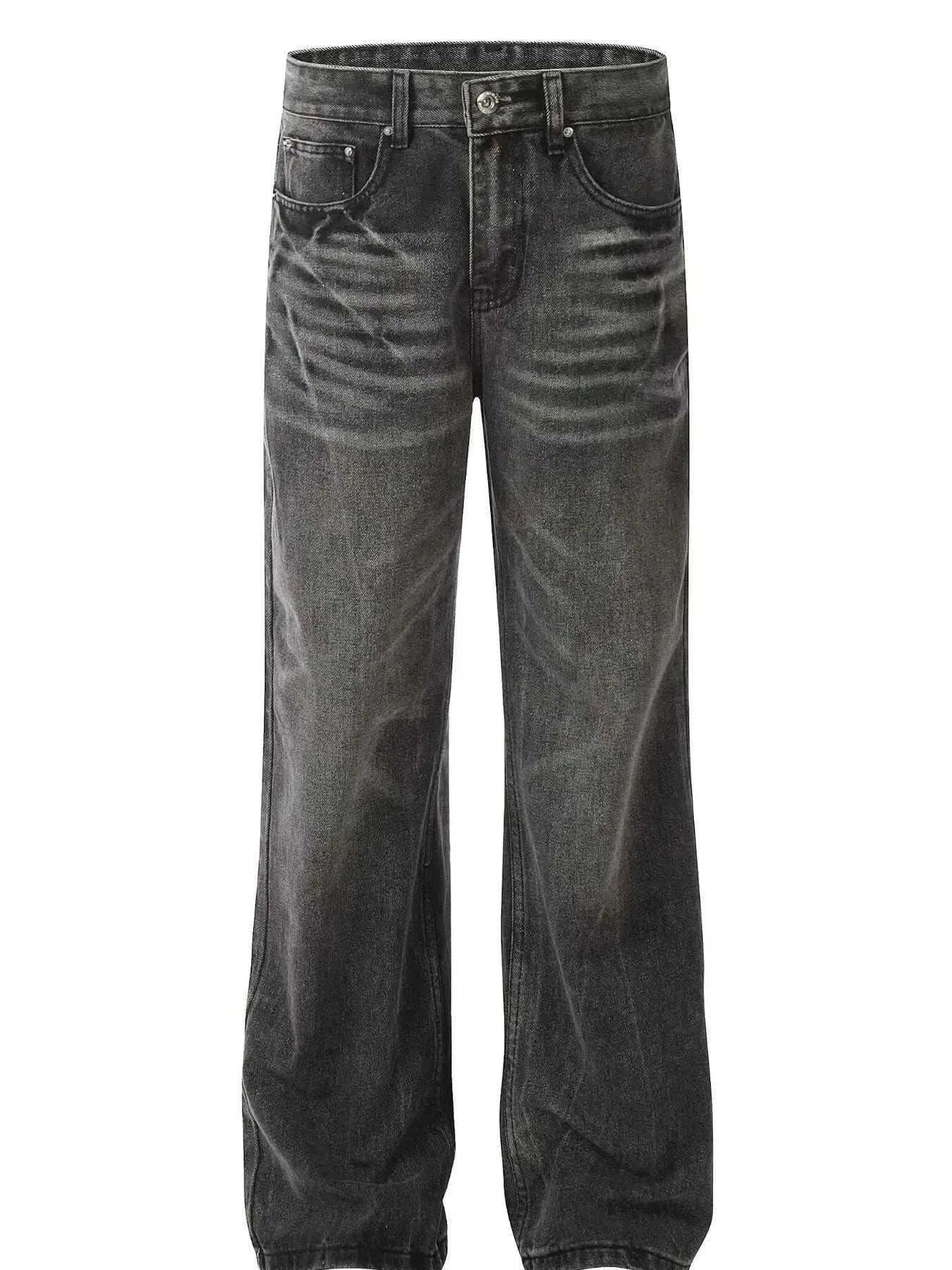 Men's wide leg jeans in washed black with cat's whisker detailing, slightly stretchy cotton blend material.