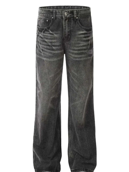 Men's wide leg jeans in washed black with cat's whisker detailing, slightly stretchy cotton blend material.
