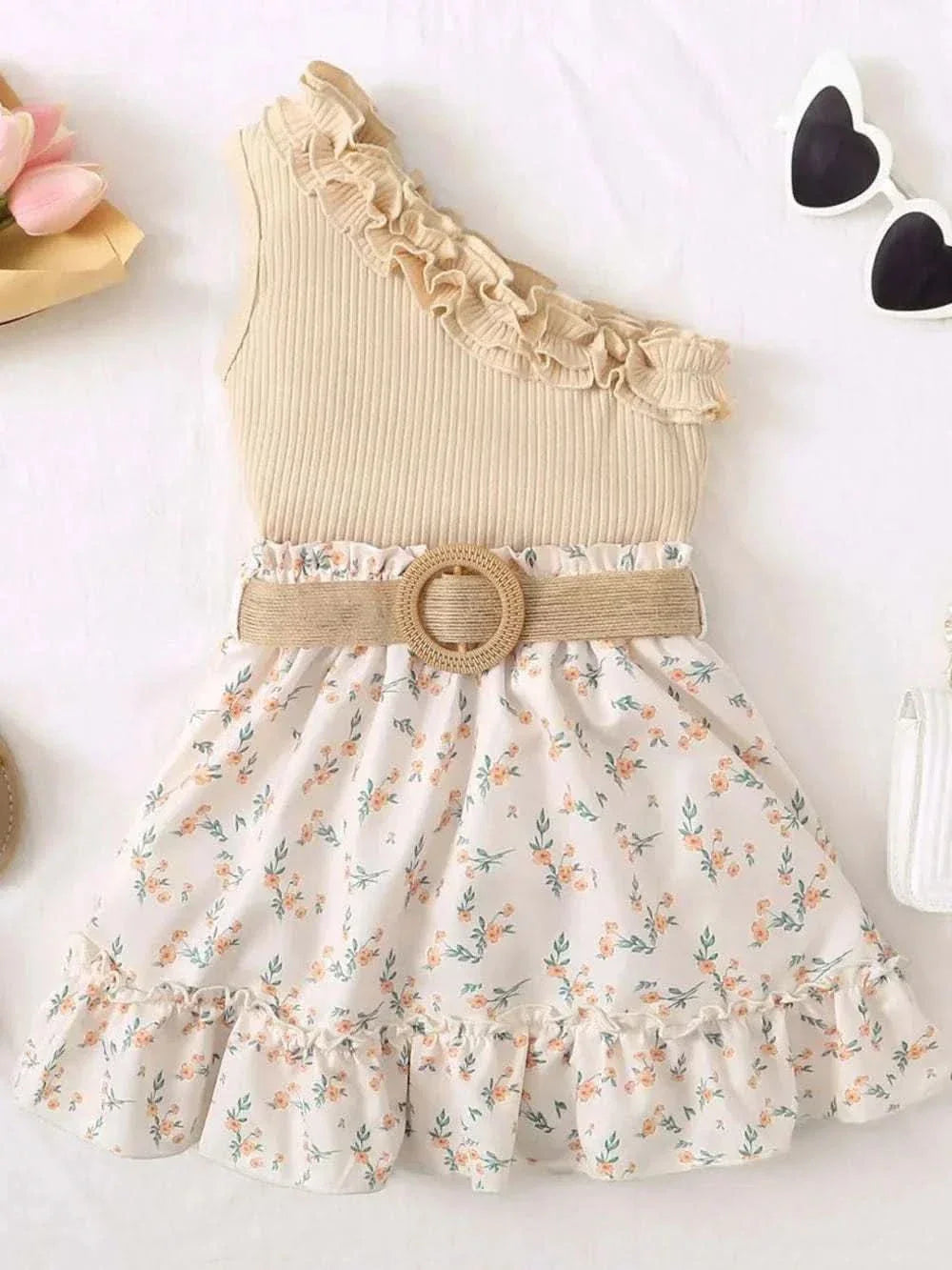 Beige single shoulder ruffled top with floral printed skirt and belt set for toddlers