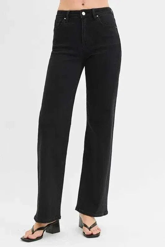RISEN Full Size high rise black wide leg jeans plus size with pockets and slight stretch
