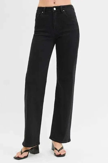 RISEN Full Size high rise black wide leg jeans plus size with pockets and slight stretch