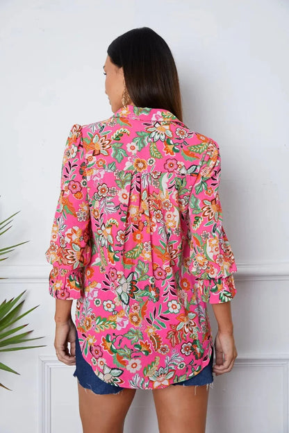 Floral Button Up Flounce Sleeve Shirt - VILLA FASHION