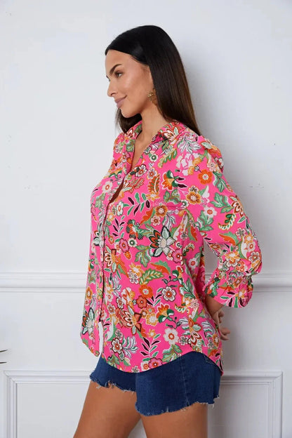 Floral Button Up Flounce Sleeve Shirt - VILLA FASHION